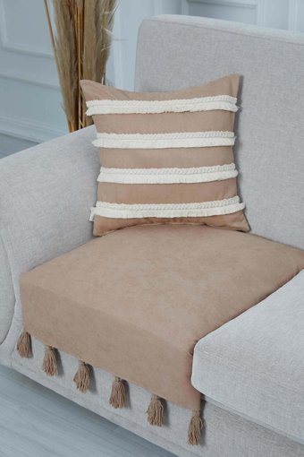 Aisha's Design KO-19-T Polyester Örgü Püsküllü Süngersiz Düz Vizon Tekli Koltuk Örtüsü 34x48 cm