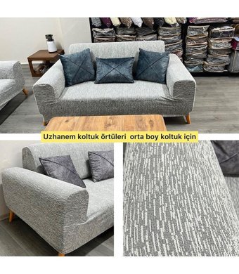 Uzhanem Likralı Jakarlı Süngerli Çizgili Giydirmeli Bej Tekli Koltuk Örtüsü 150x180 cm