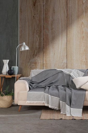 Bozkuş Home Line Pamuklu Püsküllü Süngersiz Çizgili Gri Tekli Koltuk Örtüsü 180x240 cm