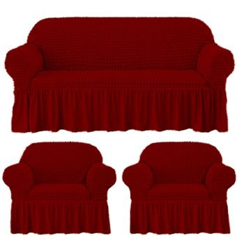 Iydgah Polyester Bürümcük-Likralı Fırfırlı Süngersiz Kapitone Giydirmeli Bordo Üçlü Koltuk Örtüsü 180x50 cm
