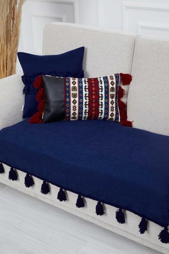 Aisha's Design KO-26-IK Polyester Örgü Püsküllü Süngersiz Düz Lacivert Tekli Koltuk Örtüsü 90x155 cm