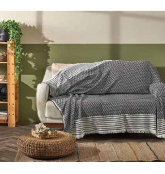 Reyonstore Pamuklu - Polyester Saçaklı Süngersiz Giydirmeli Siyah Üçlü Koltuk Örtüsü 170x210 cm