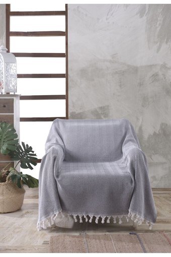 Ladynil Natural Pamuklu Saçaklı Süngersiz Çizgili Antrasit Tekli Koltuk Örtüsü 160x160 cm
