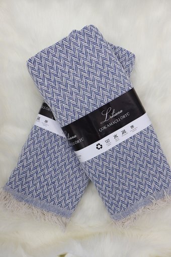 Zerif Home Pamuklu - Polyester Polar Saçaklı Süngersiz Geometrik Desenli Mavi Tekli Koltuk Örtüsü 170x210 cm