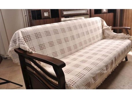 Buldan Pamuklu Kanvas Püsküllü Süngersiz Ekoseli Kahverengi Üçlü Koltuk Örtüsü 180x220 cm