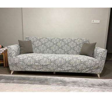 Uyumev Pamuklu - Polyester Likralı Jakarlı Süngerli Çiçek Desenli Giydirmeli Bej Tekli Koltuk Örtüsü 180x230 cm