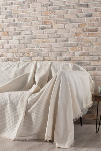 Vagonik Arya Natural Pamuklu Polar Saçaklı Süngersiz Düz Kaymaz Bej Tekli Koltuk Örtüsü 180x230 cm