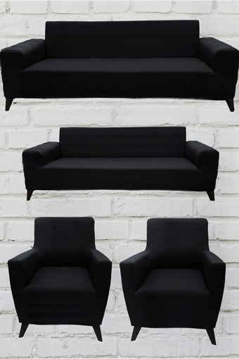 Şahane Ev Mikro Polyester Likralı Jakarlı Süngersiz Düz Giydirmeli Lastikli Siyah Üçlü Koltuk Örtüsü 28x32 cm