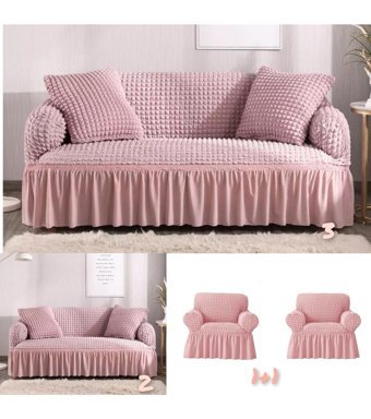 Güzel Aral GA-3211 Pamuklu - Polyester Bürümcük Fırfırlı Süngersiz Kapitone Giydirmeli Lastikli Pembe 3-2-1-1 Koltuk Örtüsü 180x230 cm