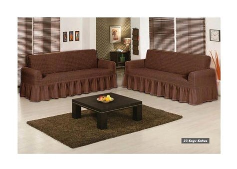 Armağan Pamuklu - Polyester Bürümcük Fırfırlı Süngersiz Giydirmeli Lastikli Kahverengi İkili Koltuk Örtüsü 140x180 cm