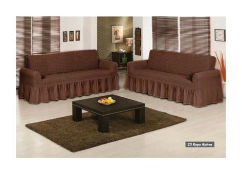 Armağan Pamuklu - Polyester Bürümcük Fırfırlı Süngersiz Giydirmeli Lastikli Kahverengi İkili Koltuk Örtüsü 140x180 cm