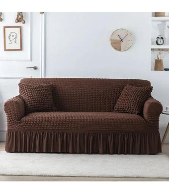Güzel Aral GA-290 Pamuklu - Polyester Bürümcük Fırfırlı Süngersiz Kapitone Giydirmeli Lastikli Kahverengi Üçlü Koltuk Örtüsü 180x230 cm