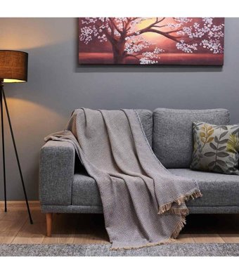Buca Yün Pamuklu - Polyester Kanvas Jakarlı Süngersiz Armürlü Kahverengi Üçlü Koltuk Örtüsü 130x170 cm