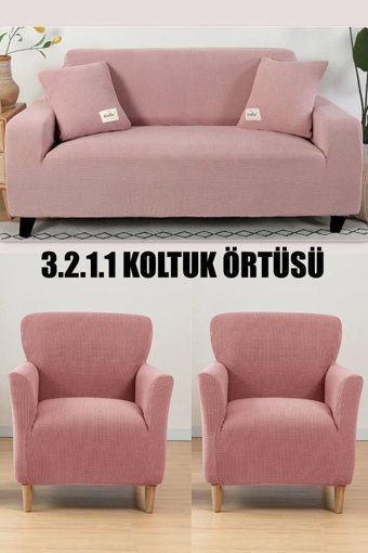 İntil Pamuklu - Polyester Likralı Süngersiz Kareli Giydirmeli Krem 3-2-1-1 Koltuk Örtüsü 180x230 cm