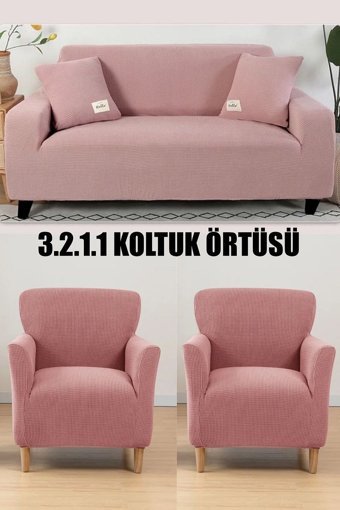 İntil Pamuklu - Polyester Likralı Süngersiz Kareli Giydirmeli Krem 3-2-1-1 Koltuk Örtüsü 180x230 cm