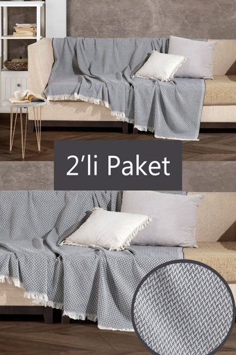 Miracolo Home Pamuklu Saçaklı Süngersiz Çizgili Siyah İkili Koltuk Örtüsü 180x220 cm