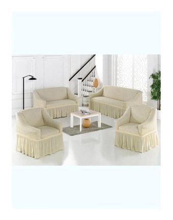 Uytm Polyester Bürümcük-Likralı Drapeli Süngerli Çizgili Giydirmeli Bej Dörtlü Koltuk Örtüsü 180x230 cm