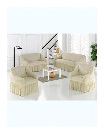 Uytm Polyester Bürümcük-Likralı Drapeli Süngerli Çizgili Giydirmeli Bej Dörtlü Koltuk Örtüsü 180x230 cm