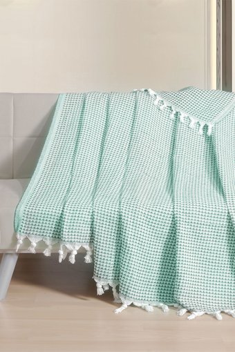 Meslina Home Pamuklu Püsküllü Süngersiz Çizgili Yeşil Tekli Koltuk Örtüsü 180x220 cm