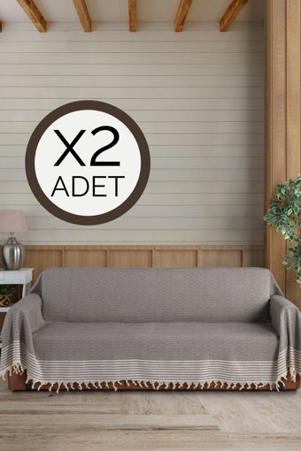 Lux Touch Pamuklu Püsküllü Süngersiz Geometrik Desenli Kahverengi İkili Koltuk Örtüsü 180x300 cm