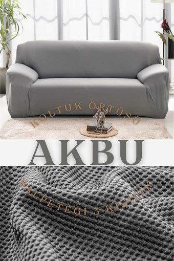 Akbu Polyester Likralı Süngersiz Geometrik Desenli Giydirmeli Lastikli Gri Tekli Koltuk Örtüsü 180x230 cm