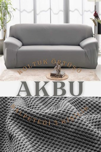 Akbu Polyester Likralı Süngersiz Geometrik Desenli Giydirmeli Lastikli Gri Tekli Koltuk Örtüsü 180x230 cm