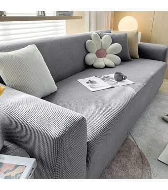 Hanemce Pamuklu - Polyester Süngersiz Kareli Giydirmeli Bej Üçlü Koltuk Örtüsü 180x230 cm
