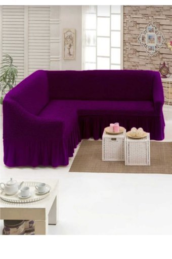 Akbu Pamuklu - Polyester Bürümcük Fırfırlı Süngersiz Giydirmeli Lastikli Mor Tekli Koltuk Örtüsü 180x350 cm