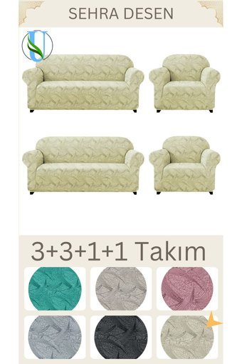 Uy Style Tekstil Likralı Jakarlı Süngerli Armürlü Giydirmeli Bej Dörtlü Koltuk Örtüsü 180x230 cm