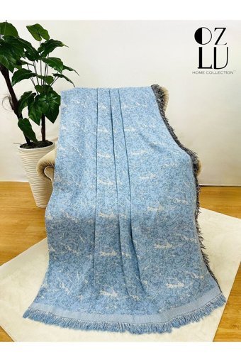 Özlü Home Pamuklu - Polyester Örgü Saçaklı Süngersiz Mermer Desenli Gri Tekli Koltuk Örtüsü 170x220 cm