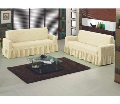 Bilgiçler Pamuklu - Polyester Bürümcük Fırfırlı Süngersiz Giydirmeli Lastikli Krem İkili Koltuk Örtüsü 110x210 cm