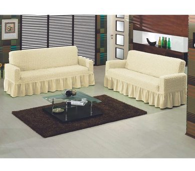 Bilgiçler Pamuklu - Polyester Bürümcük Fırfırlı Süngersiz Giydirmeli Lastikli Krem İkili Koltuk Örtüsü 110x210 cm