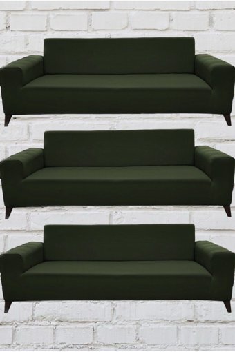 Şahane Ev Mikro Polyester Likralı Jakarlı Süngersiz Düz Giydirmeli Lastikli Haki Üçlü Koltuk Örtüsü 55x13 cm