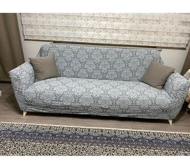 Uyumev Pamuklu - Polyester Likralı Jakarlı Süngerli Çiçek Desenli Giydirmeli Gri Tekli Koltuk Örtüsü 180x230 cm