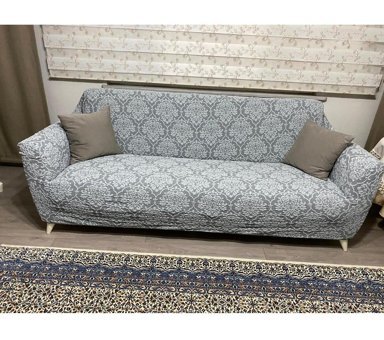 Uyumev Pamuklu - Polyester Likralı Jakarlı Süngerli Çiçek Desenli Giydirmeli Gri Tekli Koltuk Örtüsü 180x230 cm