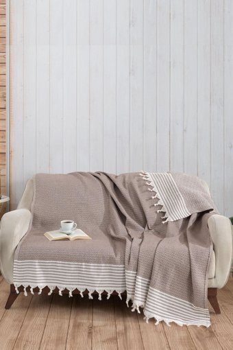 Pamukören Natural Pamuklu - Polyester Örgü Saçaklı Süngersiz Geometrik Desenli Kahverengi İkili Koltuk Örtüsü 170x210 cm