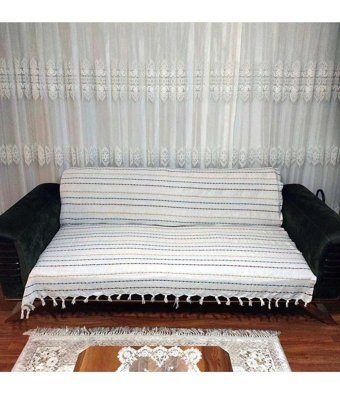Mandaş Natural Pamuklu Saçaklı Süngersiz Çizgili Bej Tekli Koltuk Örtüsü 170x210 cm