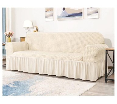 Efruz Home Pamuklu - Polyester Likralı Jakarlı Süngersiz Armürlü Giydirmeli Bej Üçlü Koltuk Örtüsü 230x180 cm