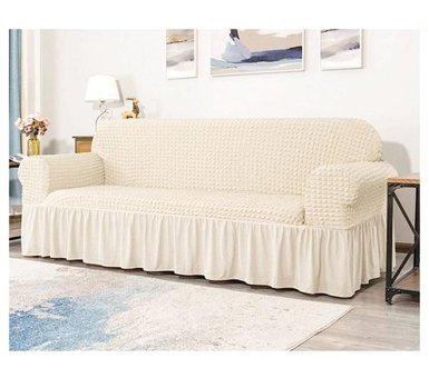 Efruz Home Pamuklu - Polyester Likralı Jakarlı Süngersiz Armürlü Giydirmeli Bej Üçlü Koltuk Örtüsü 230x180 cm
