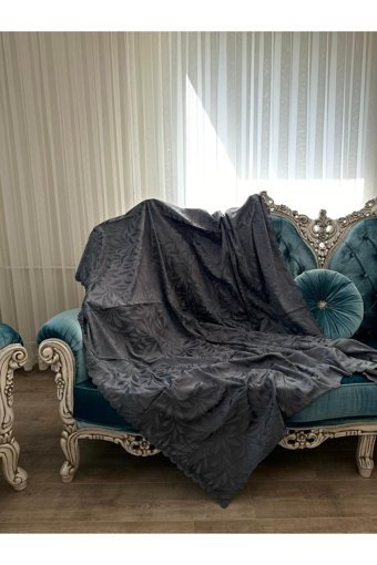 Muteks Tay Tüyü Süngersiz Çiçek Desenli Antrasit Tekli Koltuk Örtüsü 175x210 cm