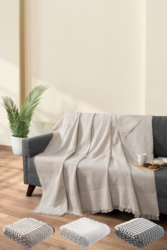 Teksnil Home Pamuklu Polar Saçaklı Süngersiz Geometrik Desenli Bej Tekli Koltuk Örtüsü 170x200 cm