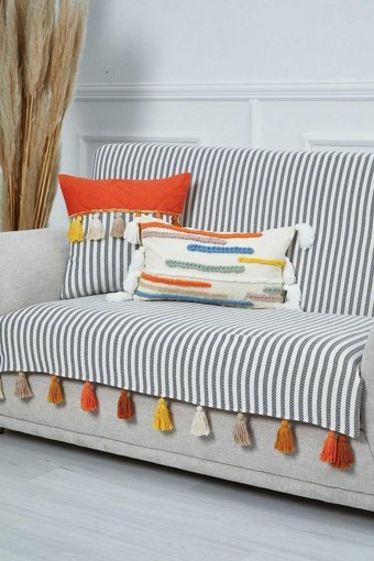 Aisha's Design Pamuklu Püsküllü Süngersiz Çizgili Siyah Tekli Koltuk Örtüsü 180x155 cm