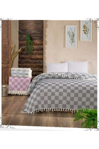 Blue Home Polo Life Pamuklu Püsküllü Süngersiz Kareli Gri Tekli Koltuk Örtüsü 180x230 cm