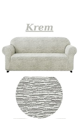 Uytm Likralı Jakarlı Süngerli Çizgili Giydirmeli Bej Tekli Koltuk Örtüsü 180x230 cm