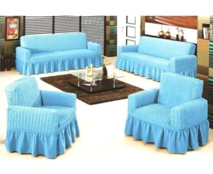 Lady Bella Elite Home Style Pamuklu Bürümcük Fırfırlı Süngersiz Kareli Giydirmeli Mavi Dörtlü Koltuk Örtüsü 100x230 cm