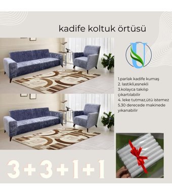 Uy Style Tekstil Kadife Süngerli Armürlü Giydirmeli Gri Dörtlü Koltuk Örtüsü 180x230 cm