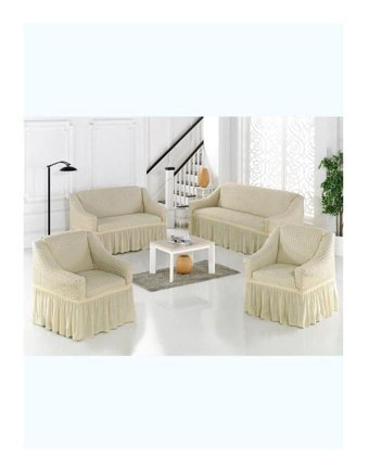 Uyintil Pamuklu - Polyester Bürümcük-Likralı Drapeli Süngerli Petek Desenli Giydirmeli Bej Dörtlü Koltuk Örtüsü