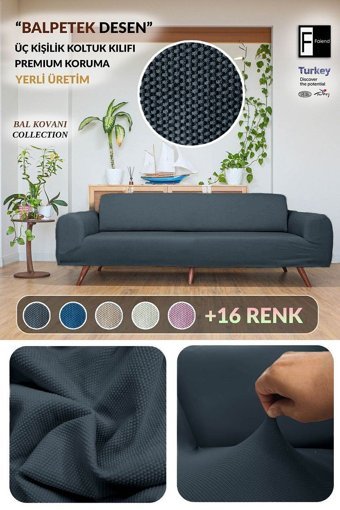 Faiend Polyester Bürümcük Jakarlı Süngersiz Petek Desenli Giydirmeli Antrasit Üçlü Koltuk Örtüsü 180x230 cm