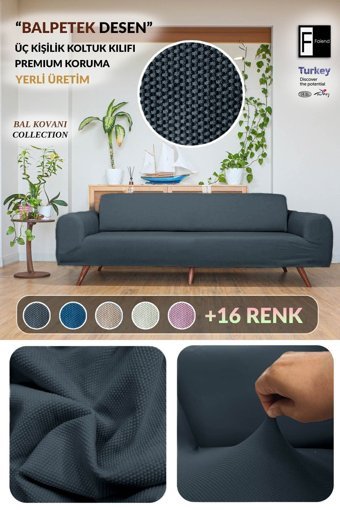 Faiend Polyester Bürümcük Jakarlı Süngersiz Petek Desenli Giydirmeli Antrasit Üçlü Koltuk Örtüsü 180x230 cm