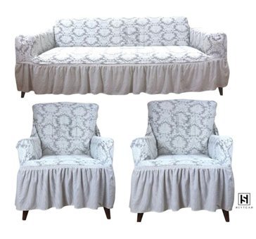 Heytgah Polyester Fırfırlı Süngersiz Damask Desenli Giydirmeli Gri Üçlü Koltuk Örtüsü 180x230 cm